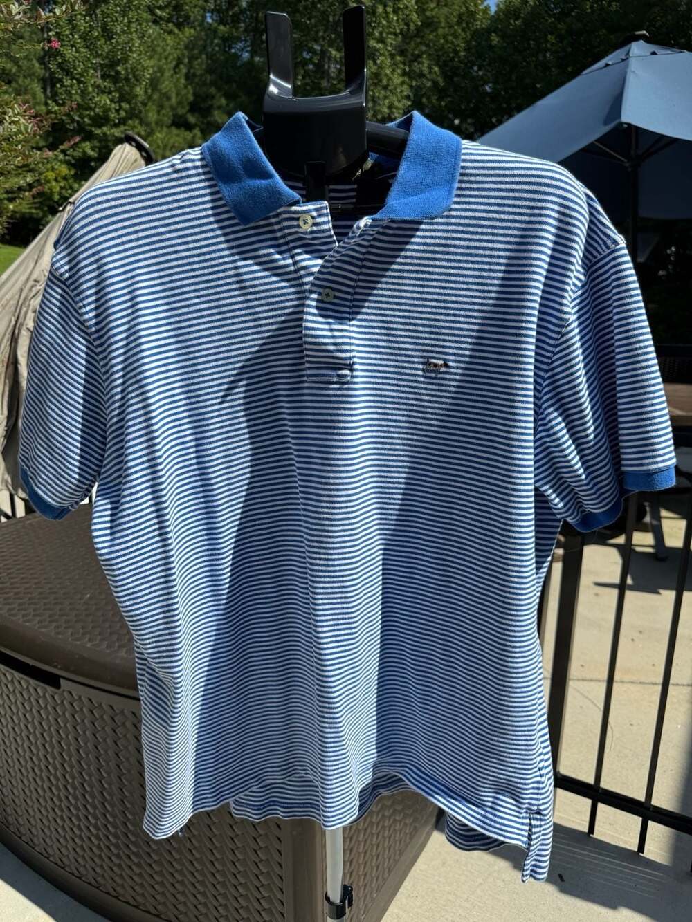 Southern Point Co. Blue and White Striped Short Sleeve Polo Shirt with Dog Logo